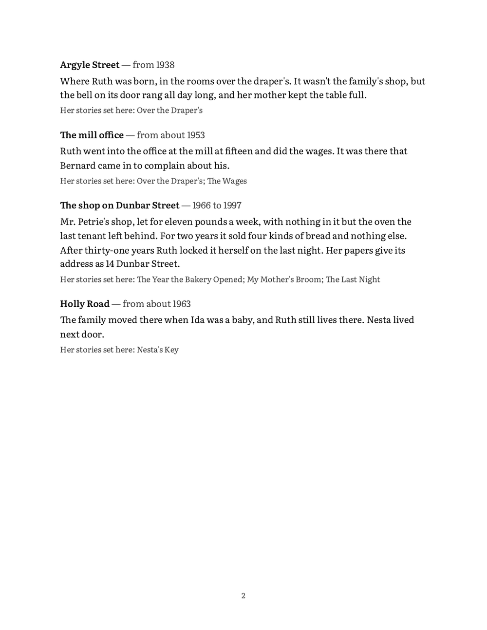 A page of her Places, from Ruth Sample’s sample