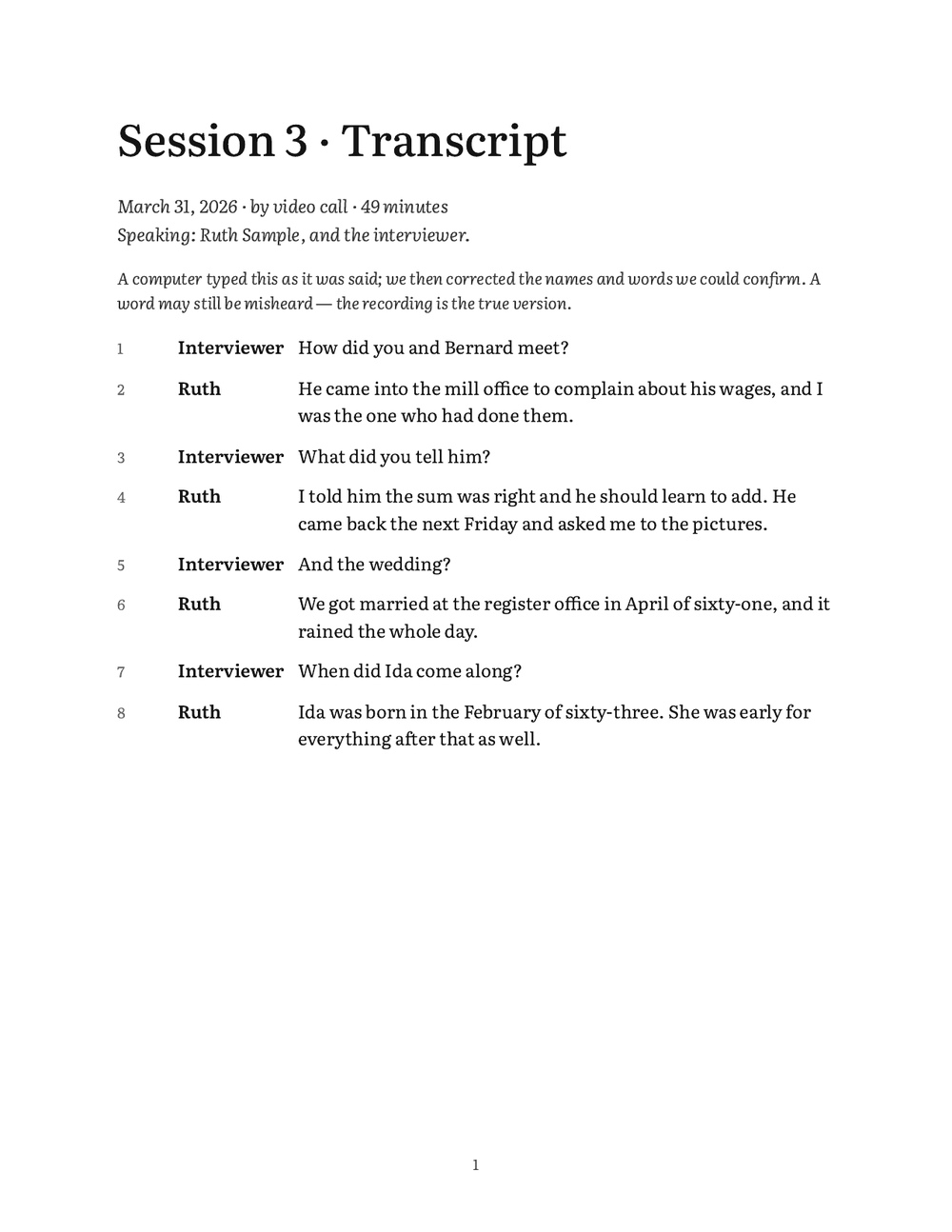 The transcript of Session 3, from Ruth Sample’s sample