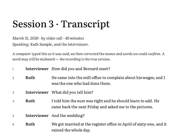 The first page of Ruth Sample’s Session 3 transcript