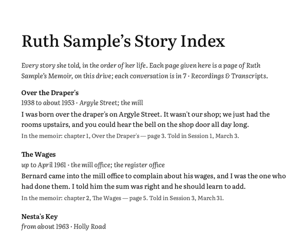 The first page of Ruth Sample’s Story Index